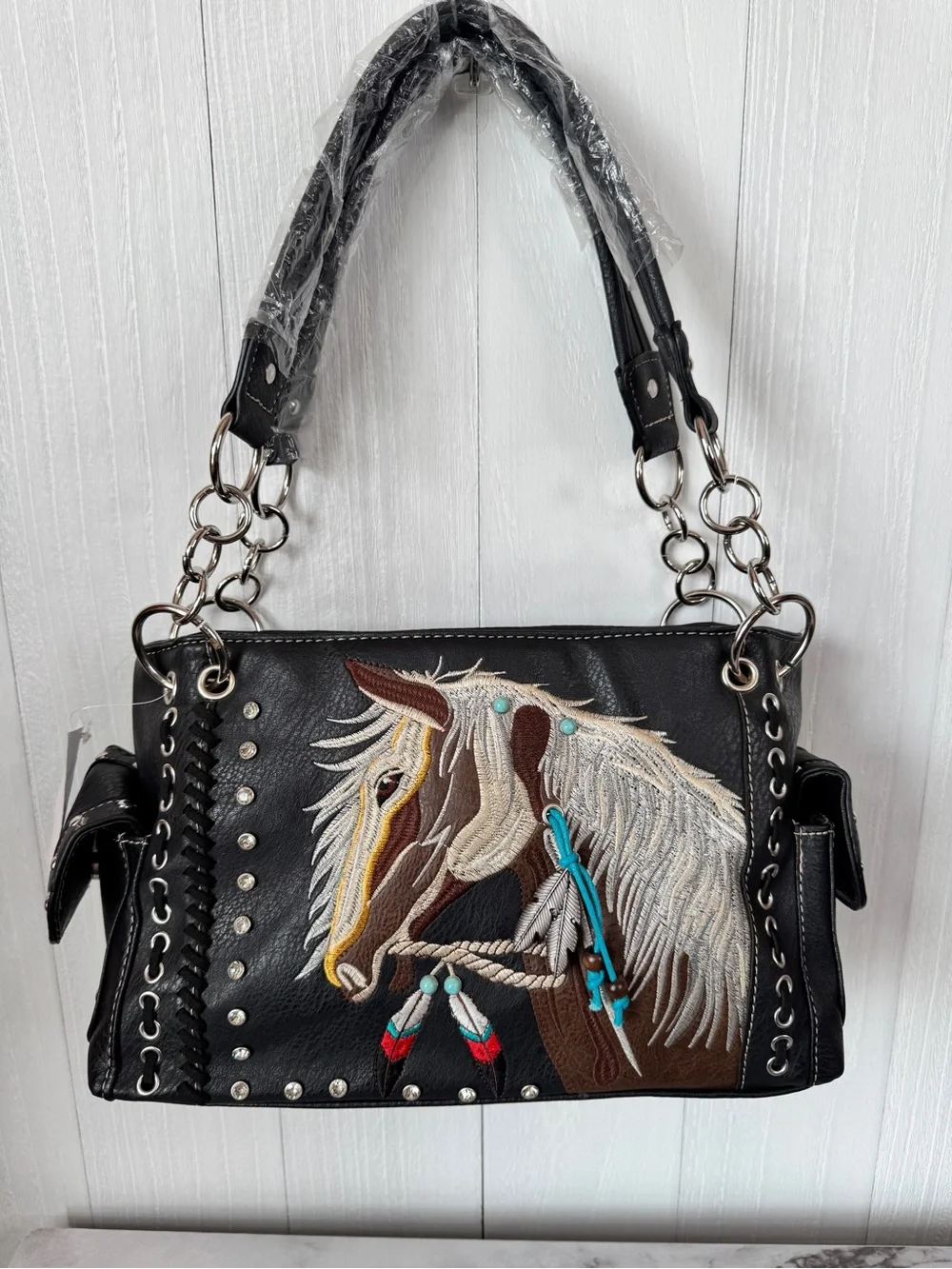 Black Embroidered Horse Satchel and Wallet Set